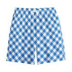 Steel Blue And White Gingham Print Cotton Shorts