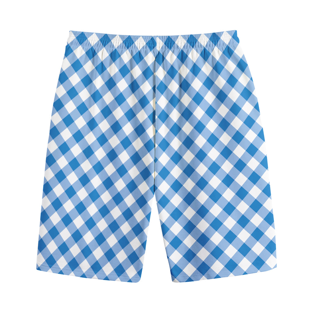 Steel Blue And White Gingham Print Cotton Shorts