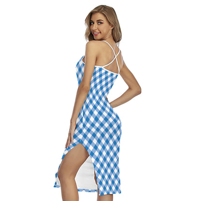 Steel Blue And White Gingham Print Cross Back Cami Dress