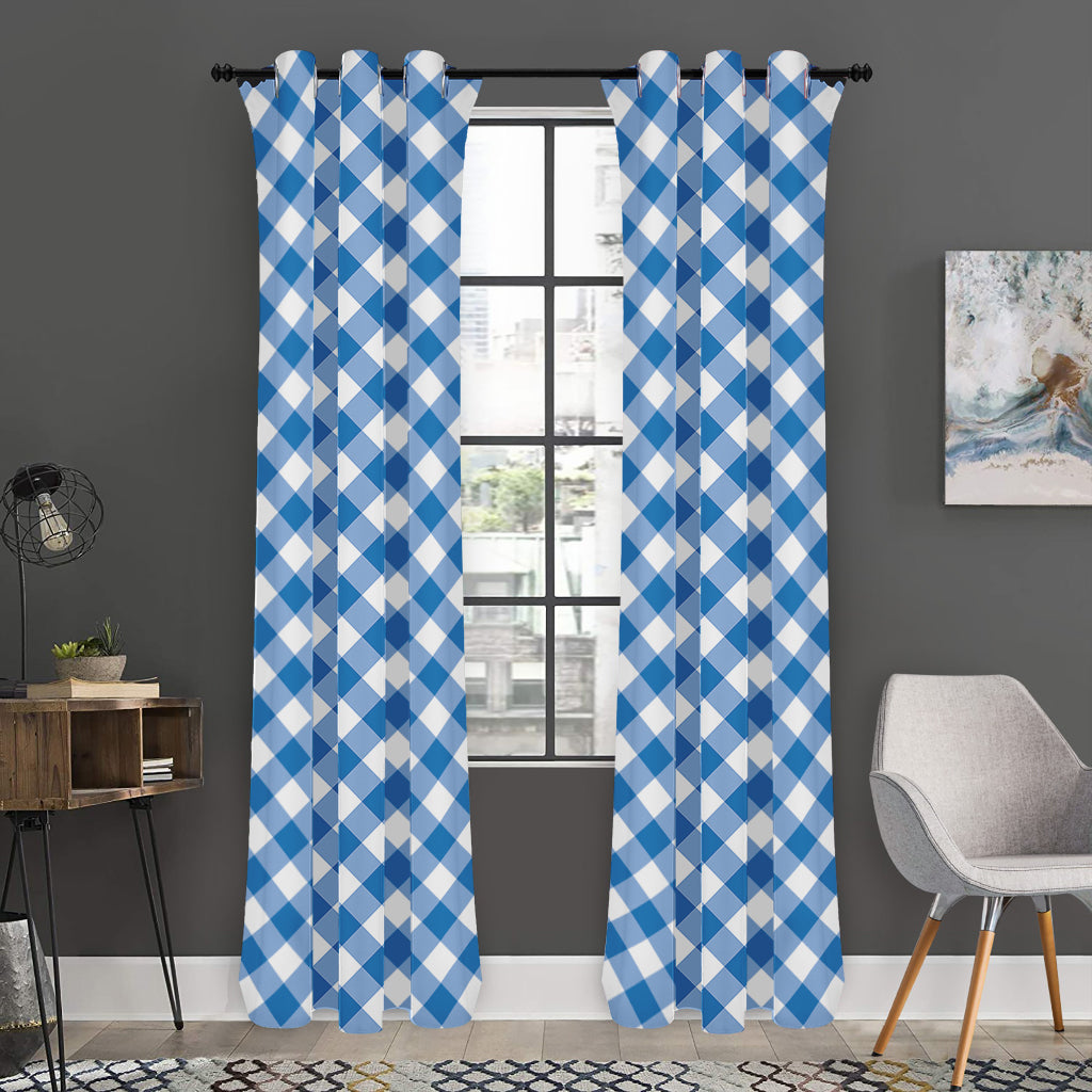 Steel Blue And White Gingham Print Curtain