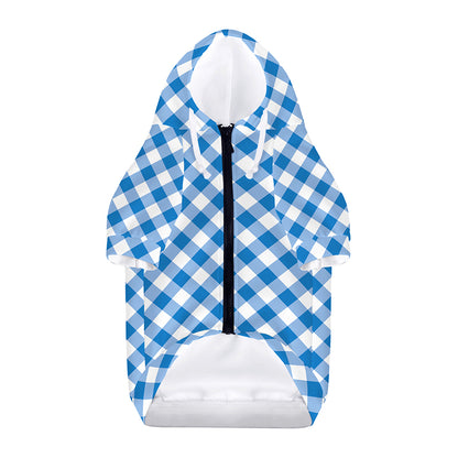 Steel Blue And White Gingham Print Dog Zip Up Hoodie