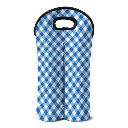 Steel Blue And White Gingham Print Double Neoprene Wine Tote