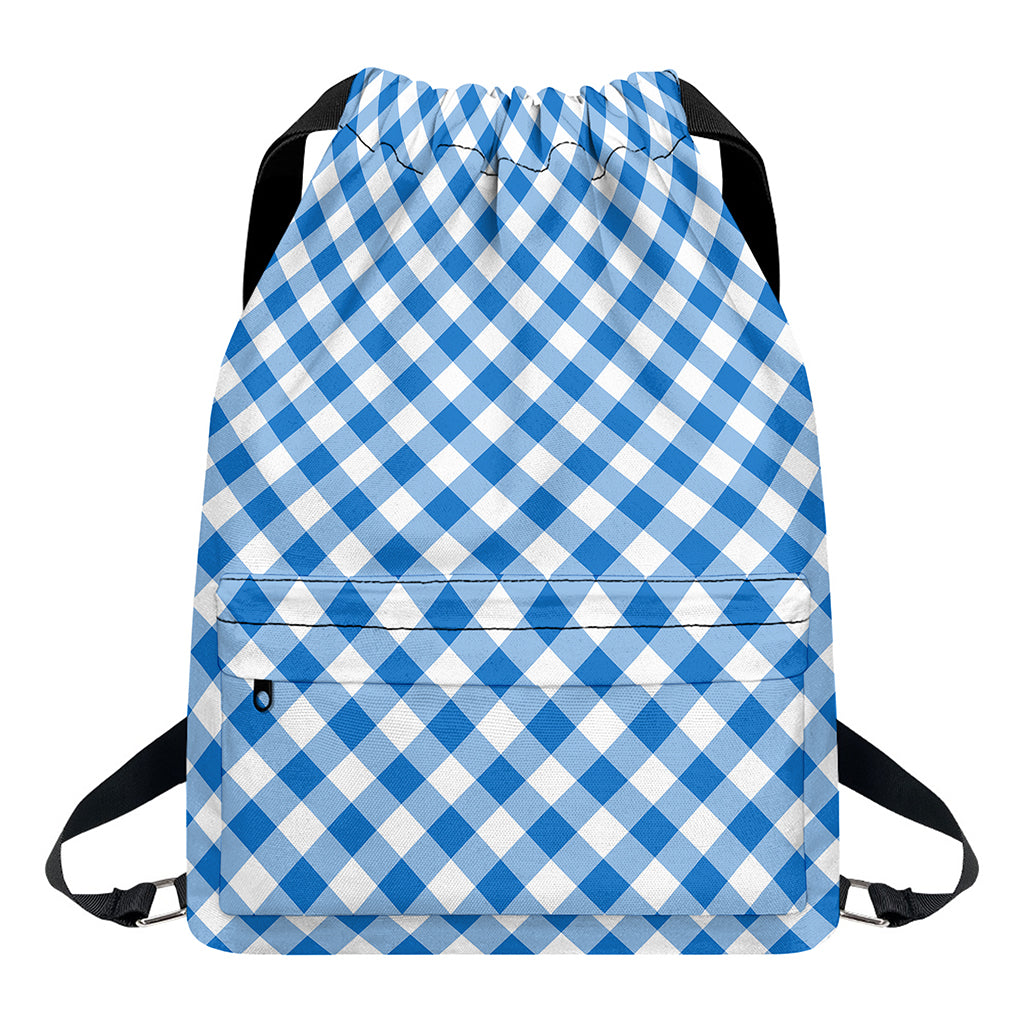 Steel Blue And White Gingham Print Drawstring Backpack