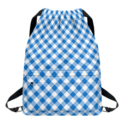 Steel Blue And White Gingham Print Drawstring Backpack