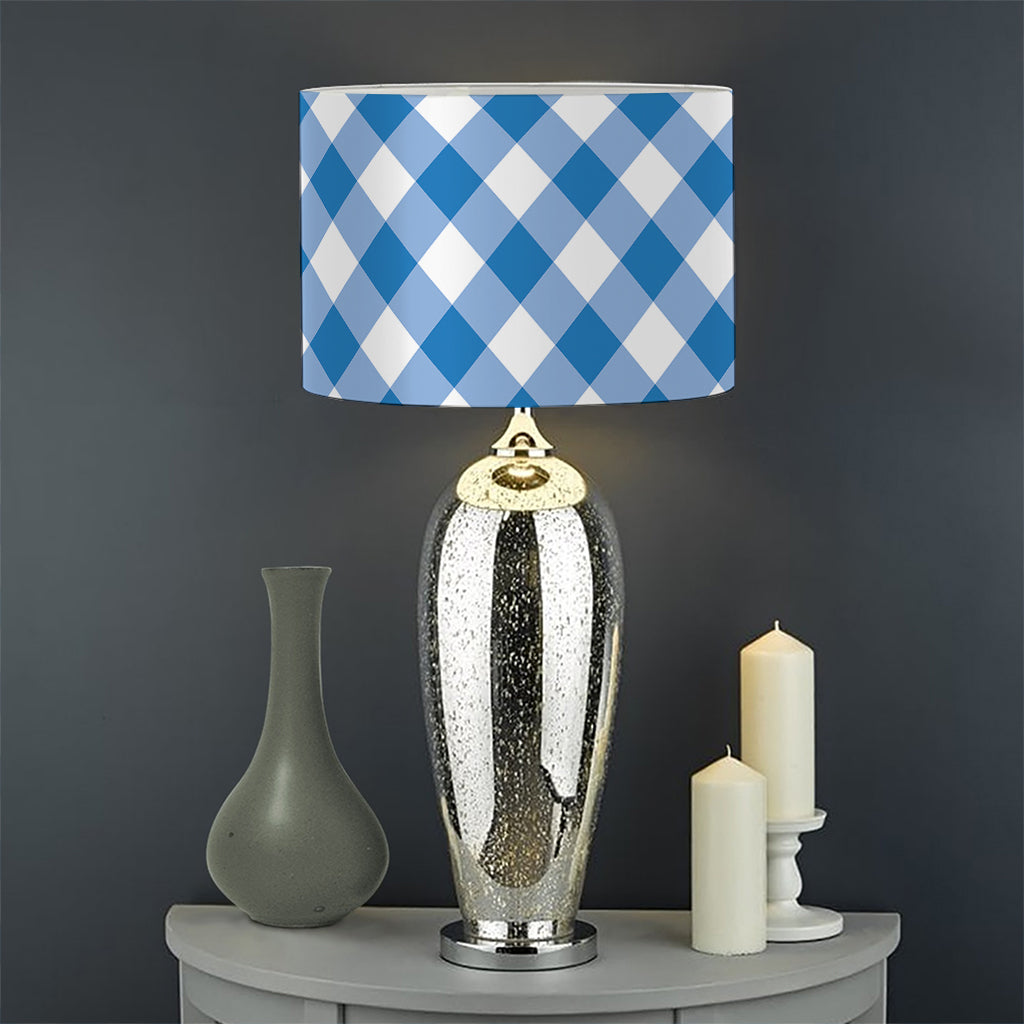 Steel Blue And White Gingham Print Drum Lamp Shade