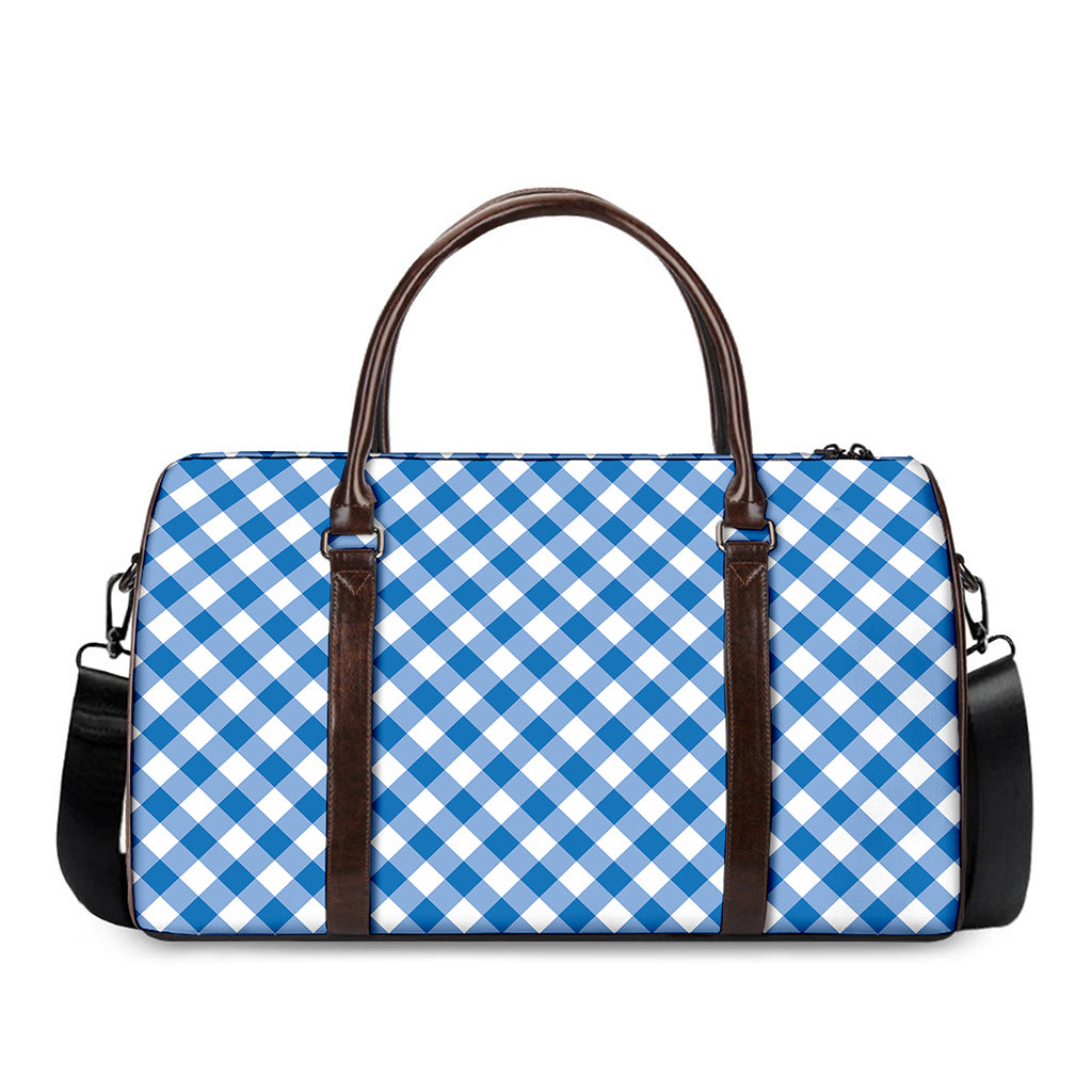 Steel Blue And White Gingham Print Duffle Bag
