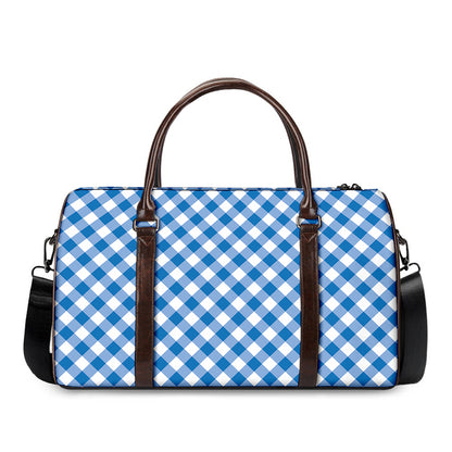 Steel Blue And White Gingham Print Duffle Bag