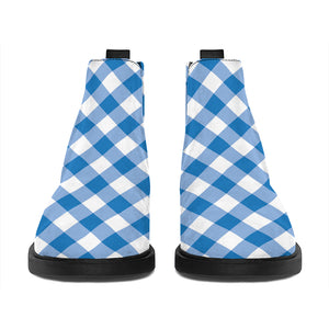 Steel Blue And White Gingham Print Flat Ankle Boots