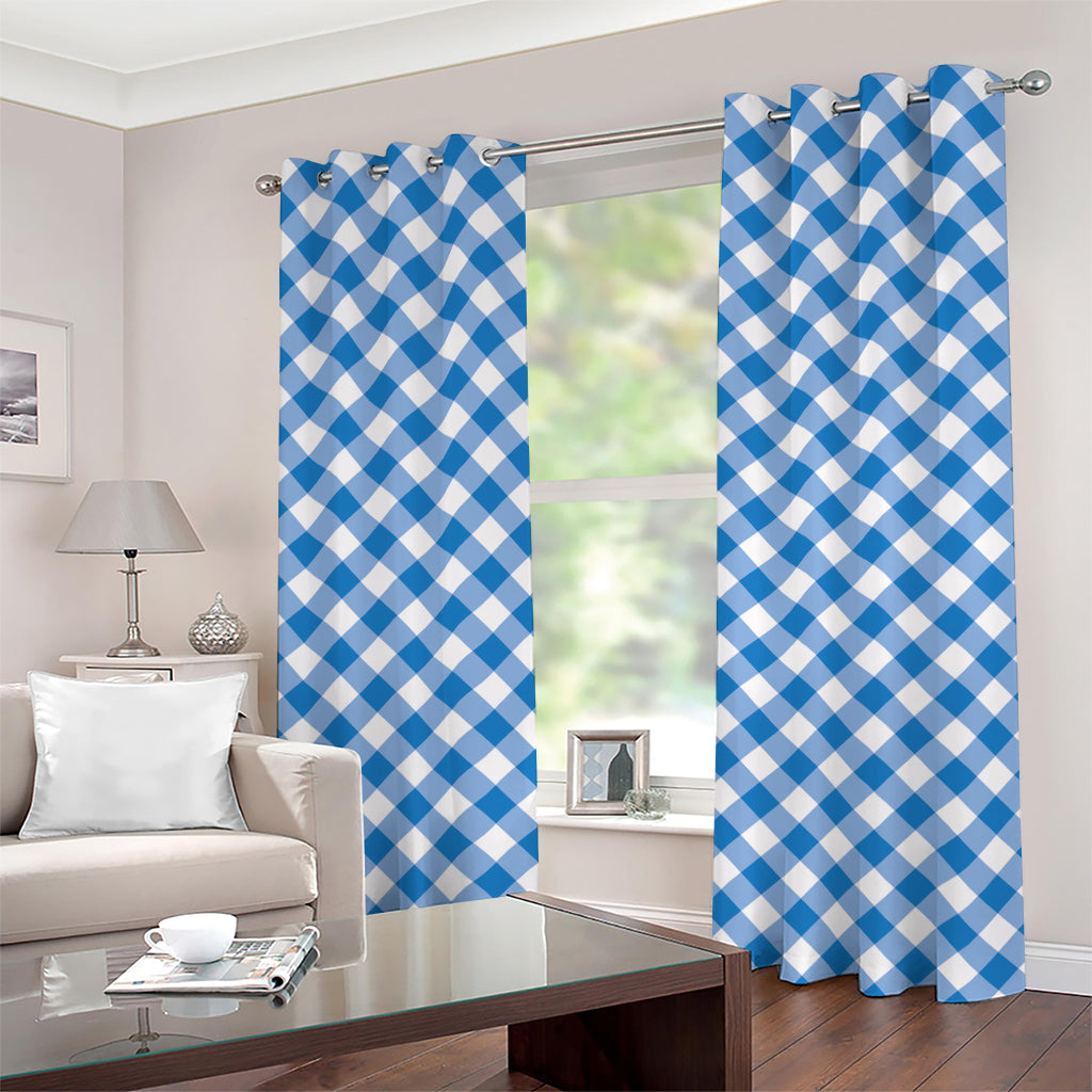 Steel Blue And White Gingham Print Grommet Curtains