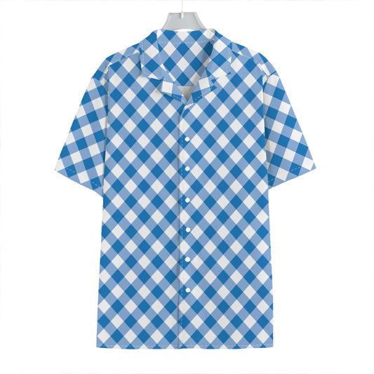 Steel Blue And White Gingham Print Hawaiian Shirt