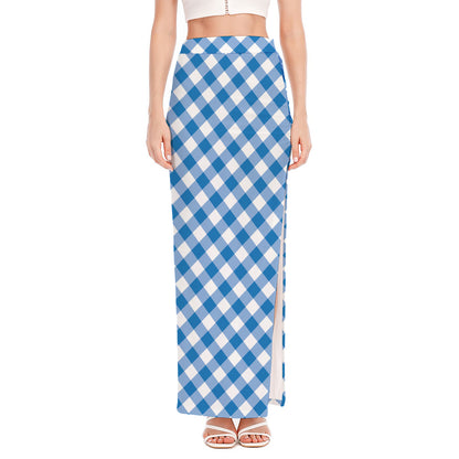 Steel Blue And White Gingham Print High Slit Maxi Skirt