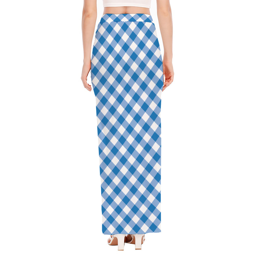 Steel Blue And White Gingham Print High Slit Maxi Skirt