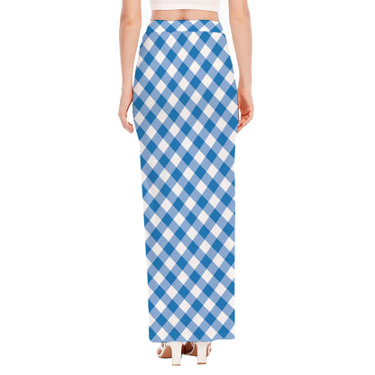 Steel Blue And White Gingham Print High Slit Maxi Skirt