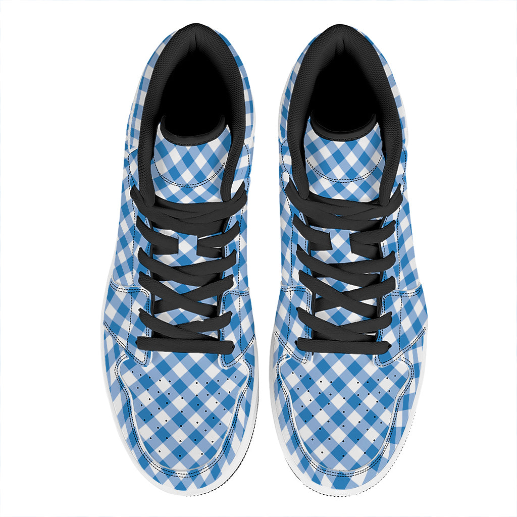 Steel Blue And White Gingham Print High Top Leather Sneakers