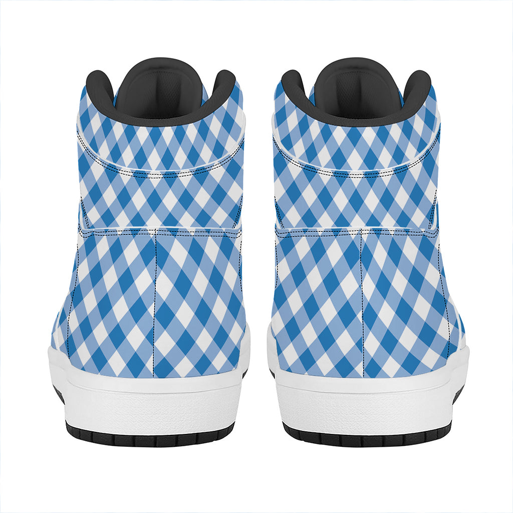 Steel Blue And White Gingham Print High Top Leather Sneakers