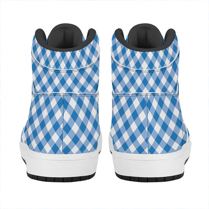 Steel Blue And White Gingham Print High Top Leather Sneakers