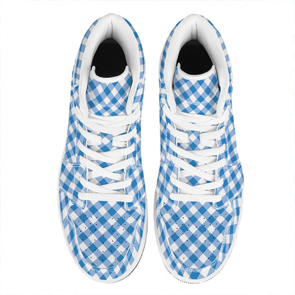 Steel Blue And White Gingham Print High Top Leather Sneakers