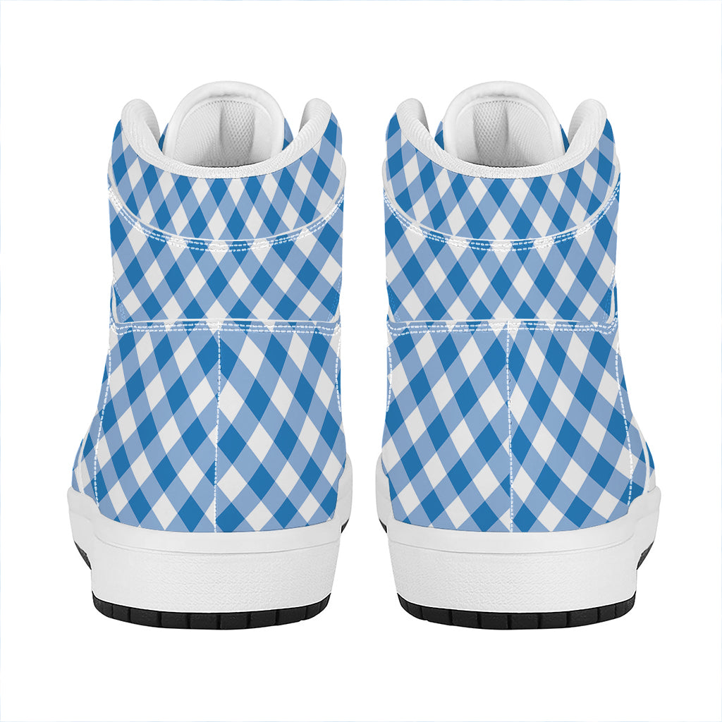 Steel Blue And White Gingham Print High Top Leather Sneakers