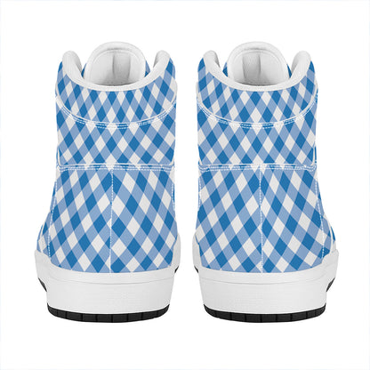 Steel Blue And White Gingham Print High Top Leather Sneakers