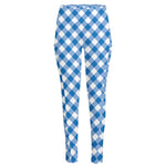Steel Blue And White Gingham Print High-Waisted Pocket Leggings