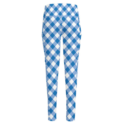 Steel Blue And White Gingham Print High-Waisted Pocket Leggings