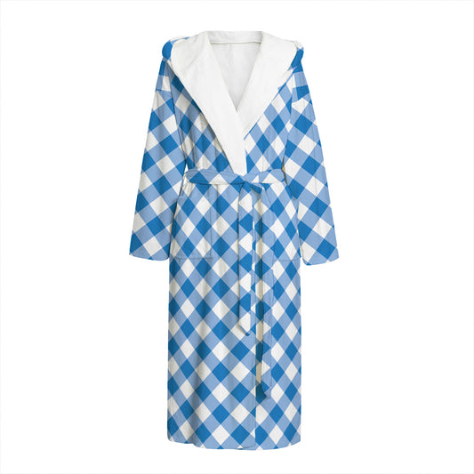 Steel Blue And White Gingham Print Hooded Bathrobe