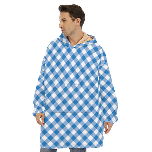 Steel Blue And White Gingham Print Hoodie Blanket