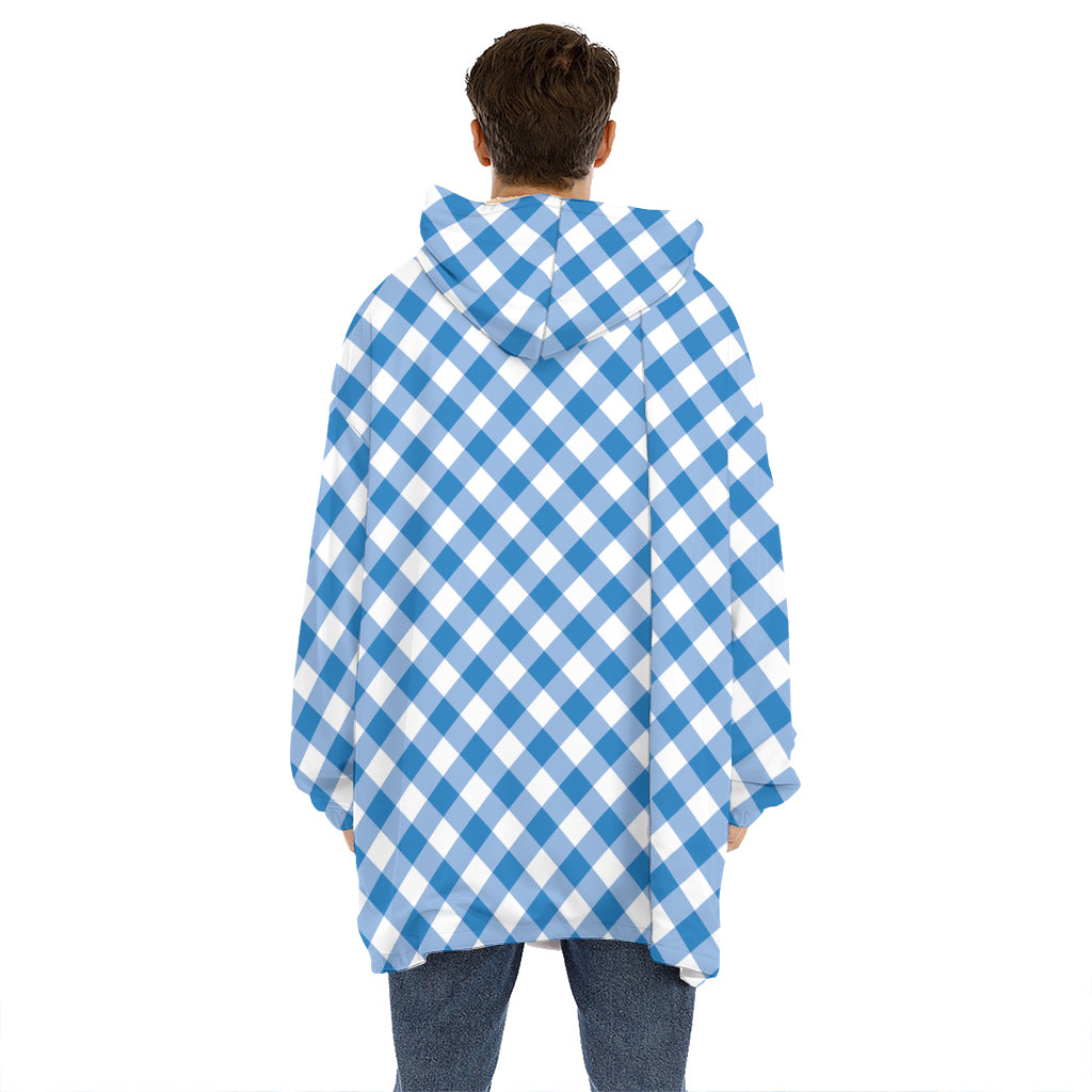 Steel Blue And White Gingham Print Hoodie Blanket