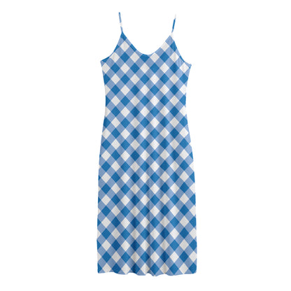 Steel Blue And White Gingham Print Jersey Midi Cami Dress