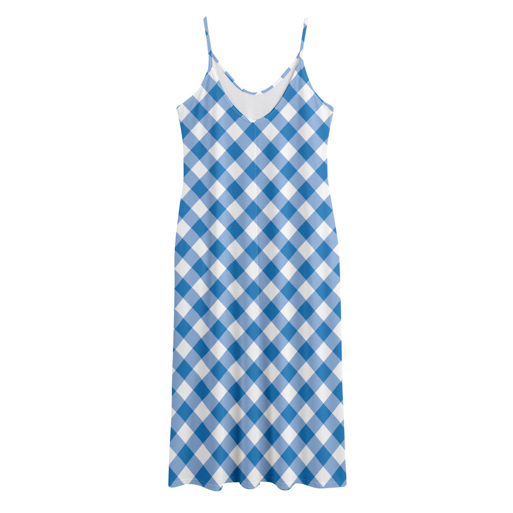 Steel Blue And White Gingham Print Jersey Midi Cami Dress