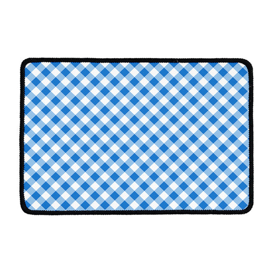 Steel Blue And White Gingham Print Kitchen Mat