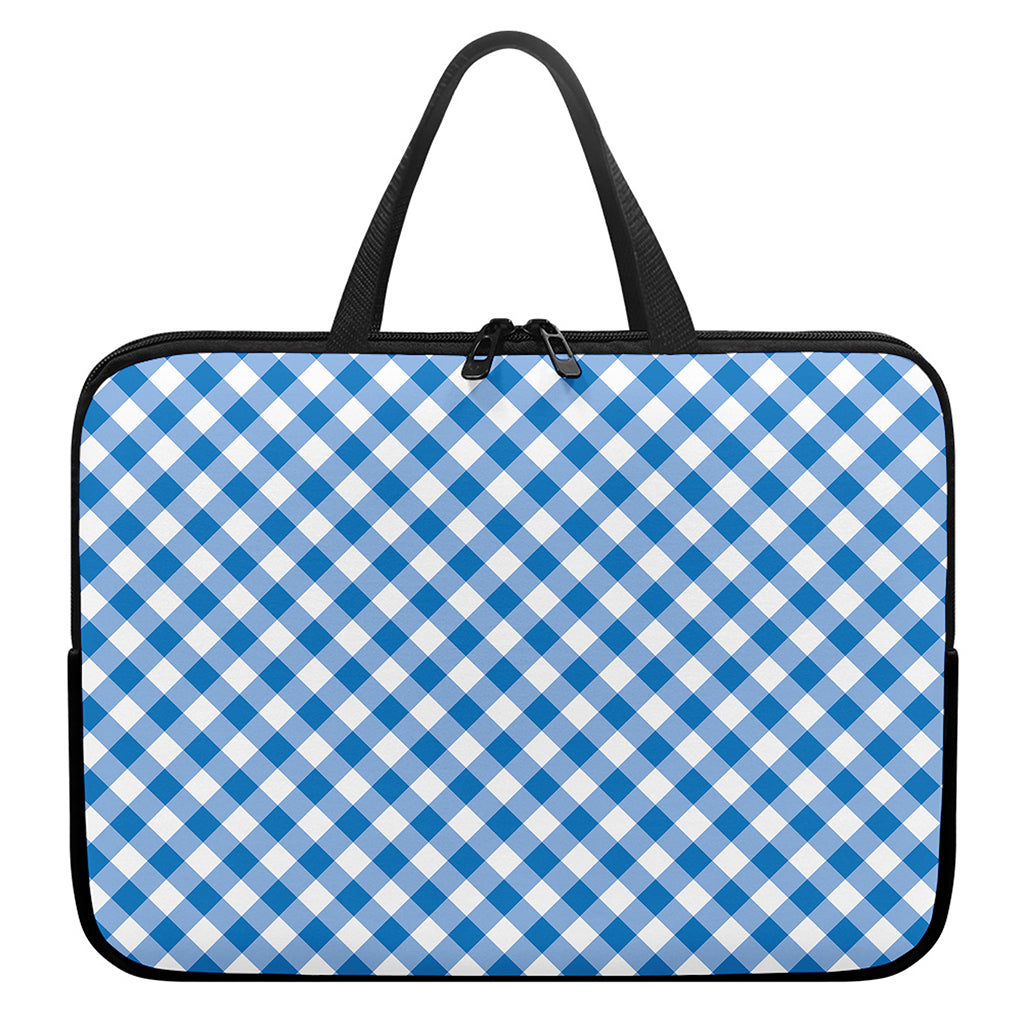 Steel Blue And White Gingham Print Laptop Sleeve With Handle