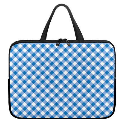 Steel Blue And White Gingham Print Laptop Sleeve With Handle