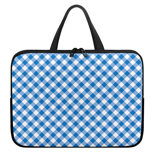 Steel Blue And White Gingham Print Laptop Sleeve With Handle