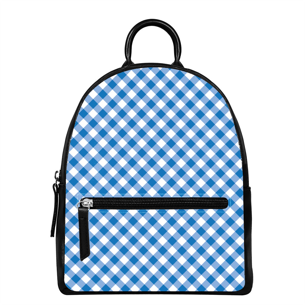 Steel Blue And White Gingham Print Leather Backpack