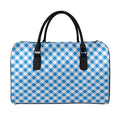 Steel Blue And White Gingham Print Leather Duffel Bag