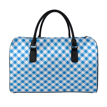 Steel Blue And White Gingham Print Leather Duffle Bag