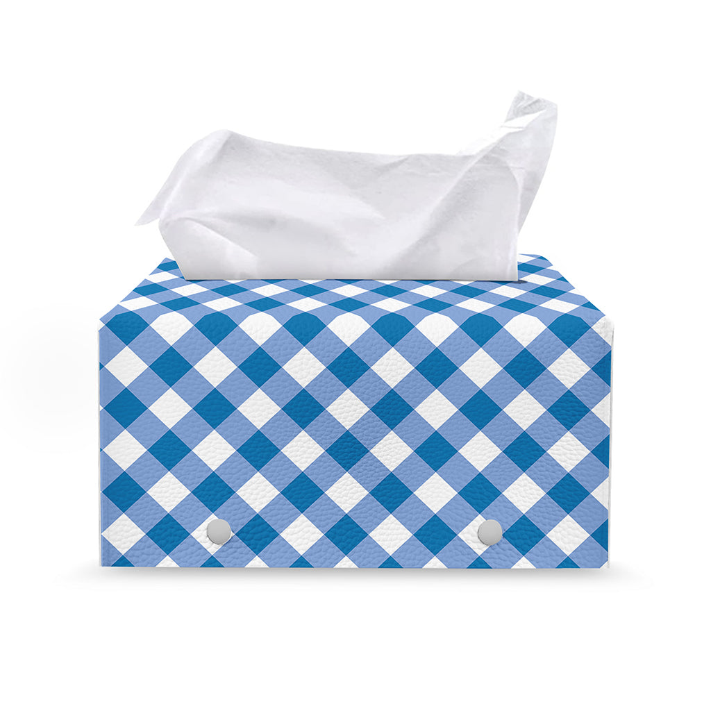 Steel Blue And White Gingham Print Leather Tissue Box Cover