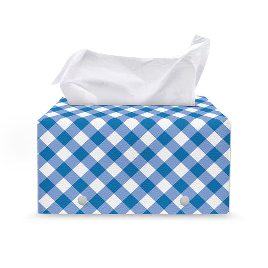 Steel Blue And White Gingham Print Leather Tissue Box Cover