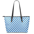Steel Blue And White Gingham Print Leather Tote Bag With Zipper
