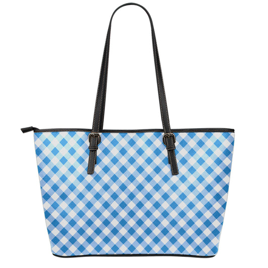 Steel Blue And White Gingham Print Leather Tote Bag