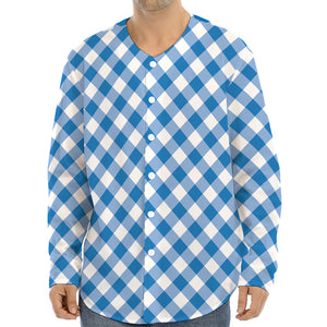 Steel Blue And White Gingham Print Long Sleeve Baseball Jersey