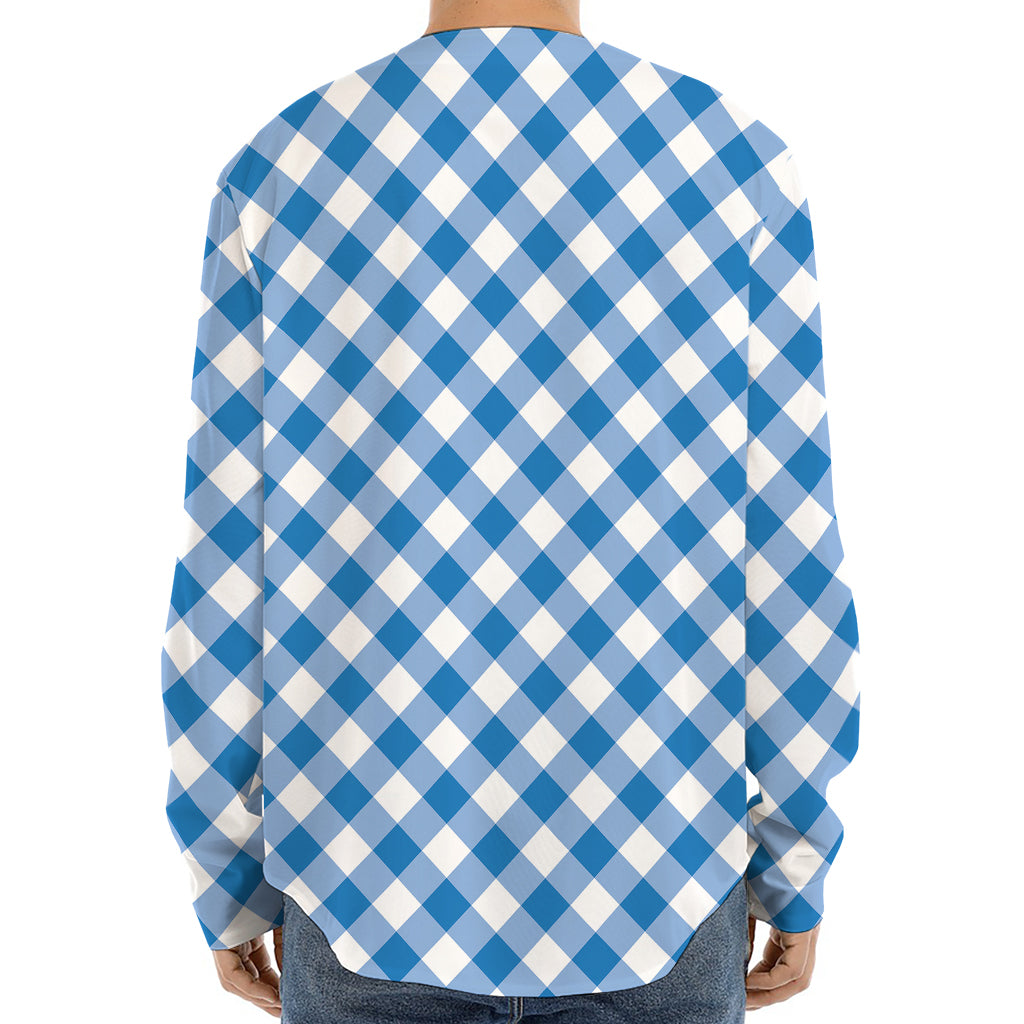 Steel Blue And White Gingham Print Long Sleeve Baseball Jersey