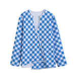 Steel Blue And White Gingham Print Long Sleeve Short Coat