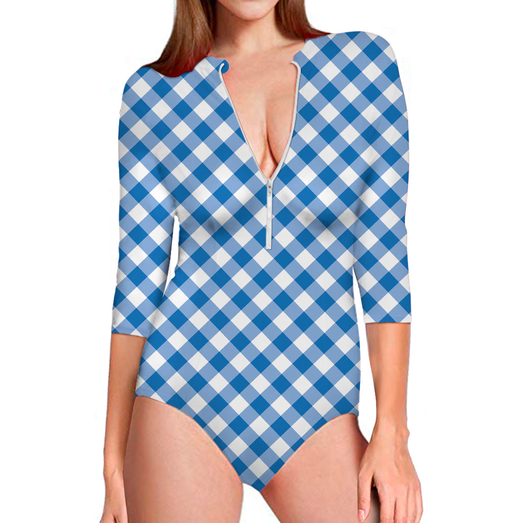 Steel Blue And White Gingham Print Long Sleeve Swimsuit