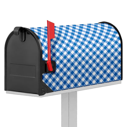 Steel Blue And White Gingham Print Mailbox Cover