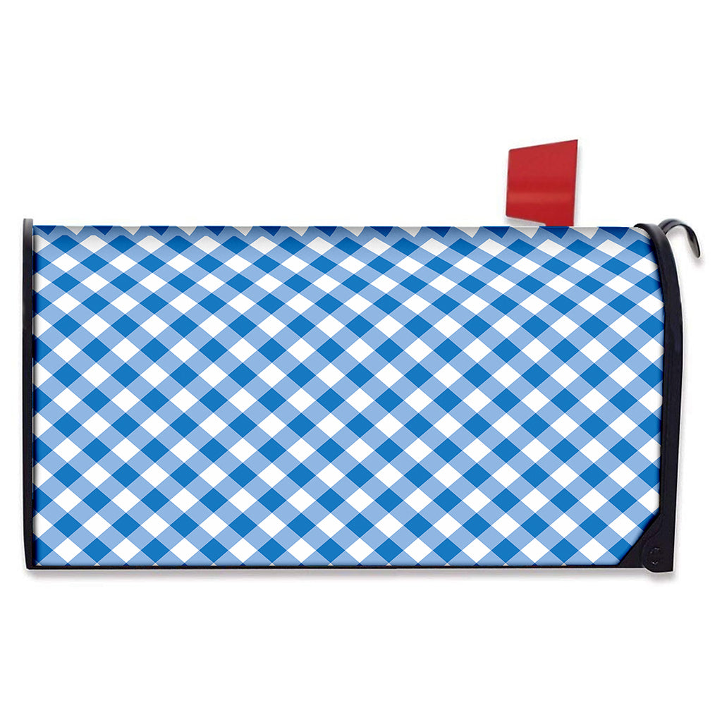 Steel Blue And White Gingham Print Mailbox Cover