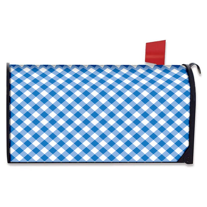Steel Blue And White Gingham Print Mailbox Cover