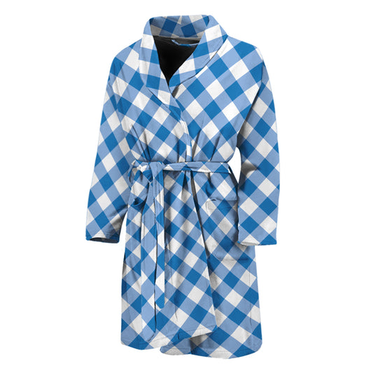 Steel Blue And White Gingham Print Men's Bathrobe
