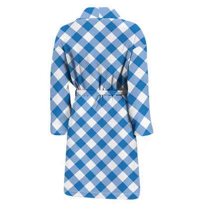 Steel Blue And White Gingham Print Men's Bathrobe